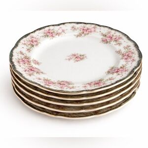 6 Imperial Crown Austria Floral Salad Plates Teal Gold Trim Vintage